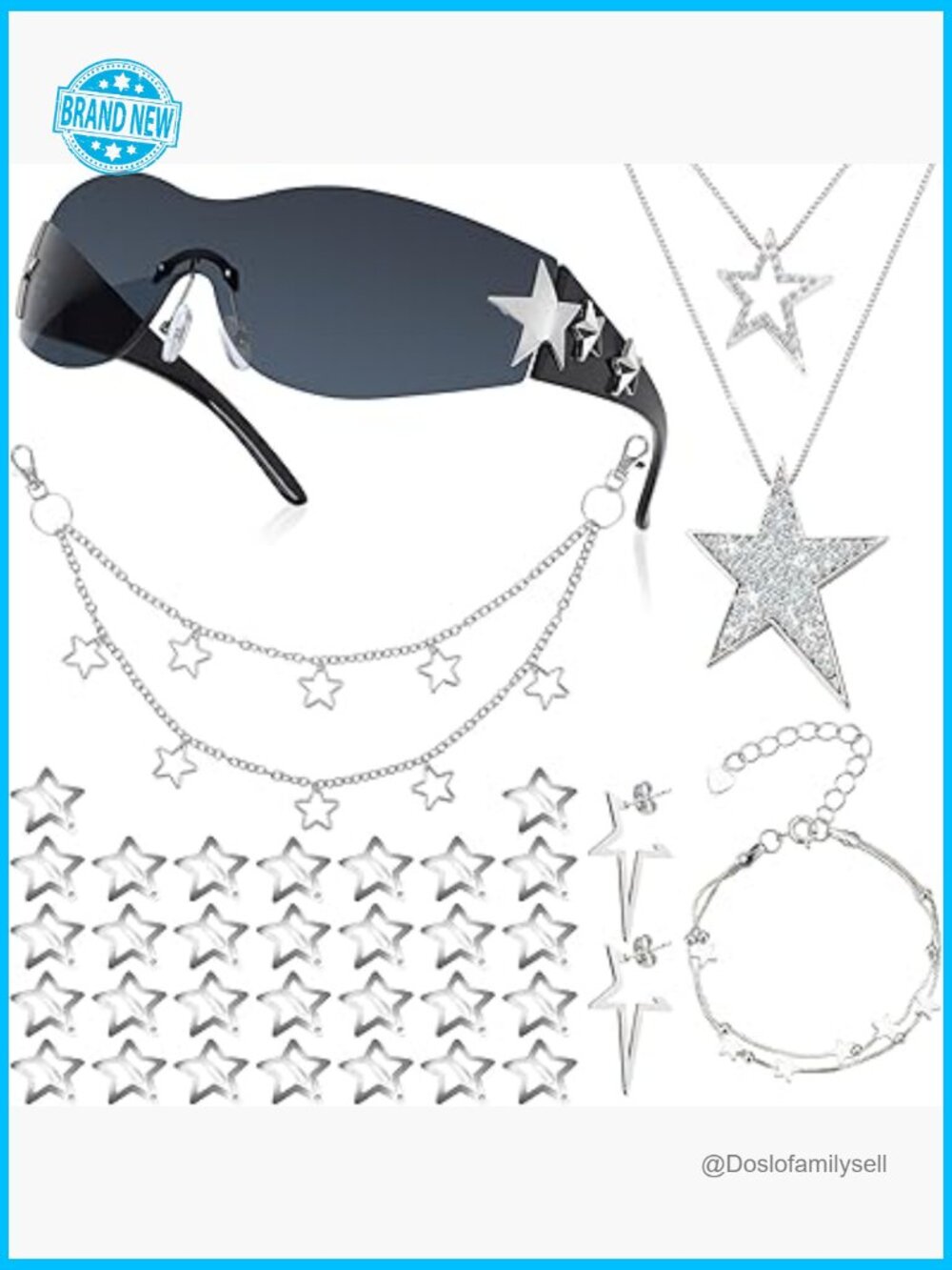 Y2K Accessory Set Star Necklace Sunglasses Hair Clips Chain Jewelry Set